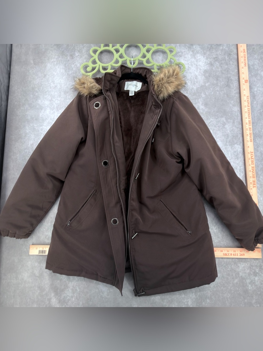 Jaclyn Smith Dark Brown Hooded Coat with Faux Fur Trim